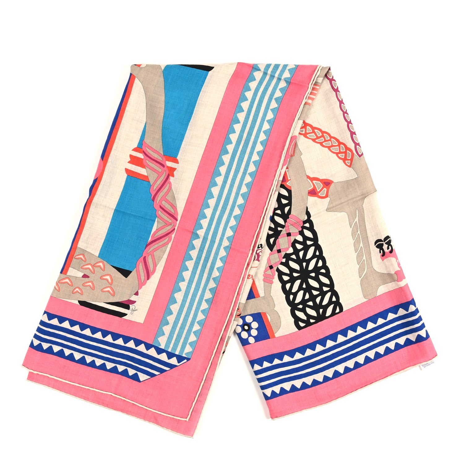 Hermes Cashmere Silk Fantaisie D'etriers Shawl 140 Rose Bonbon Naturel Bleu 2 of 3