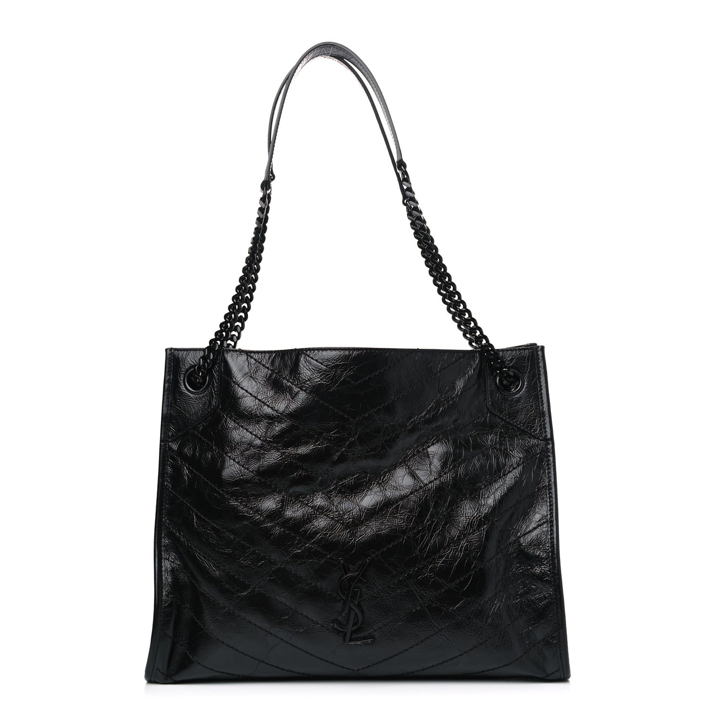 Crinkled Calfskin Matelasse Monogram Medium Niki Shopper Tote Black