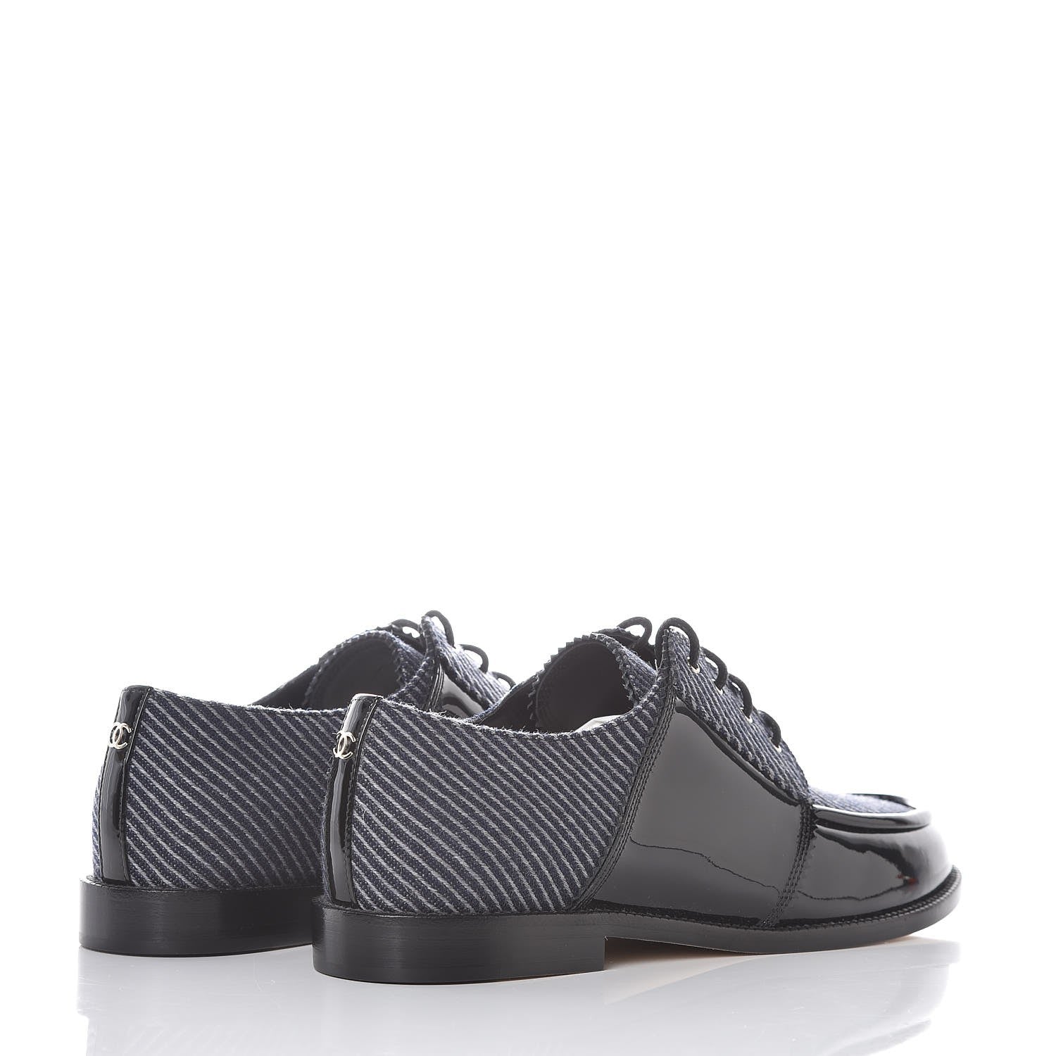 Chanel Tweed Patent CC Womens Lace Up Oxfords 39 Navy Grey Black 4 of 8