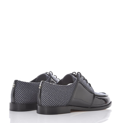 Chanel Tweed Patent CC Womens Lace Up Oxfords 39 Navy Grey Black 4 of 8