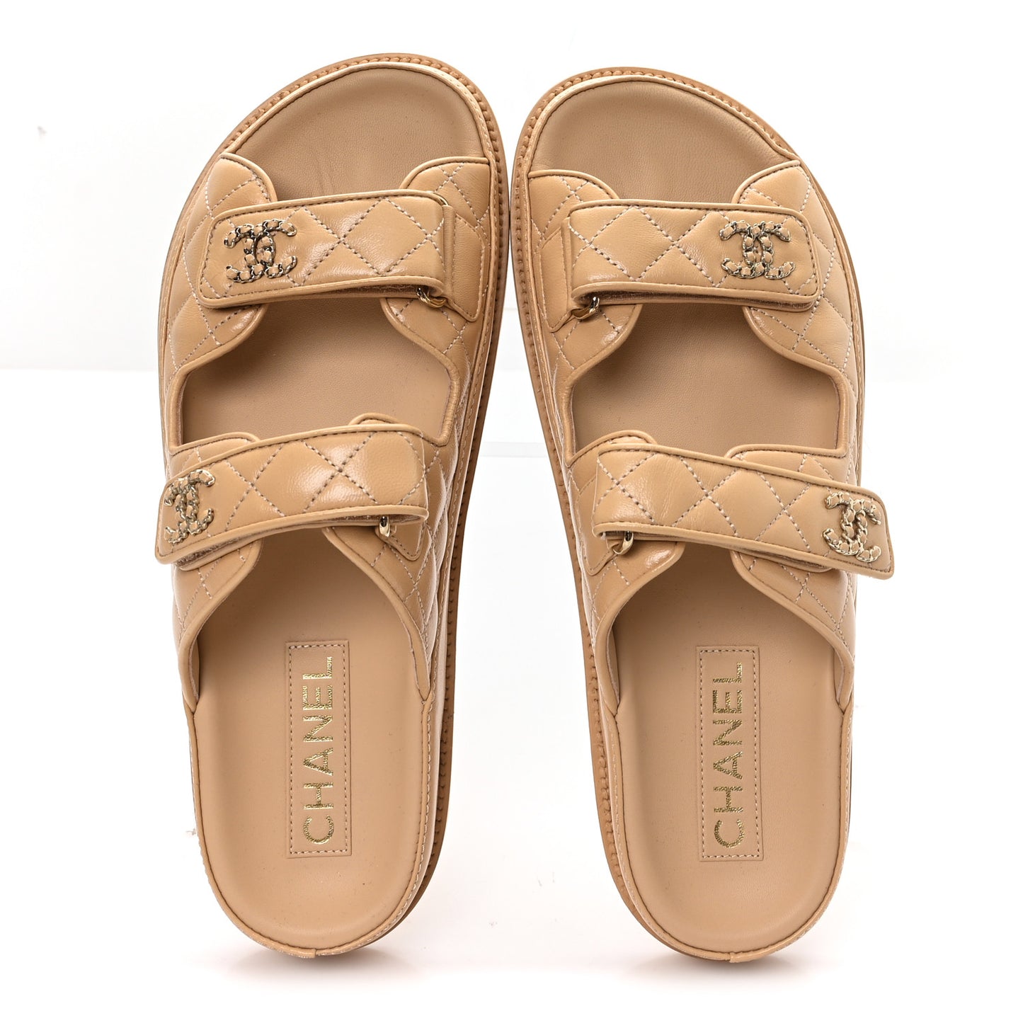 Lambskin Quilted Velcro Dad Chain CC Slide Sandals 40 Beige