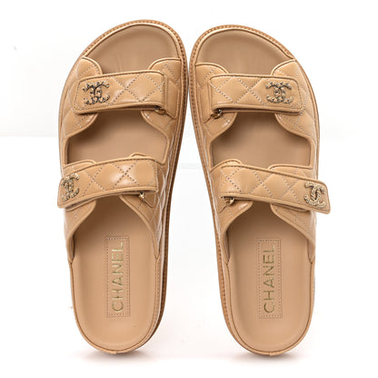 Chanel Lambskin Quilted Velcro Dad Chain CC Slide Sandals 40 Beige 2 of 9