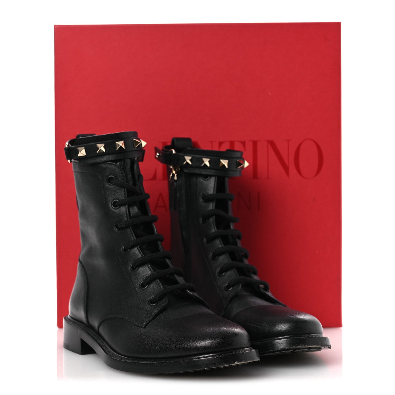 VALENTINO ブラック ブーツ 37 Valentino Garavani Calfskin Rockstud Combat Ankle Boots 37 Black
