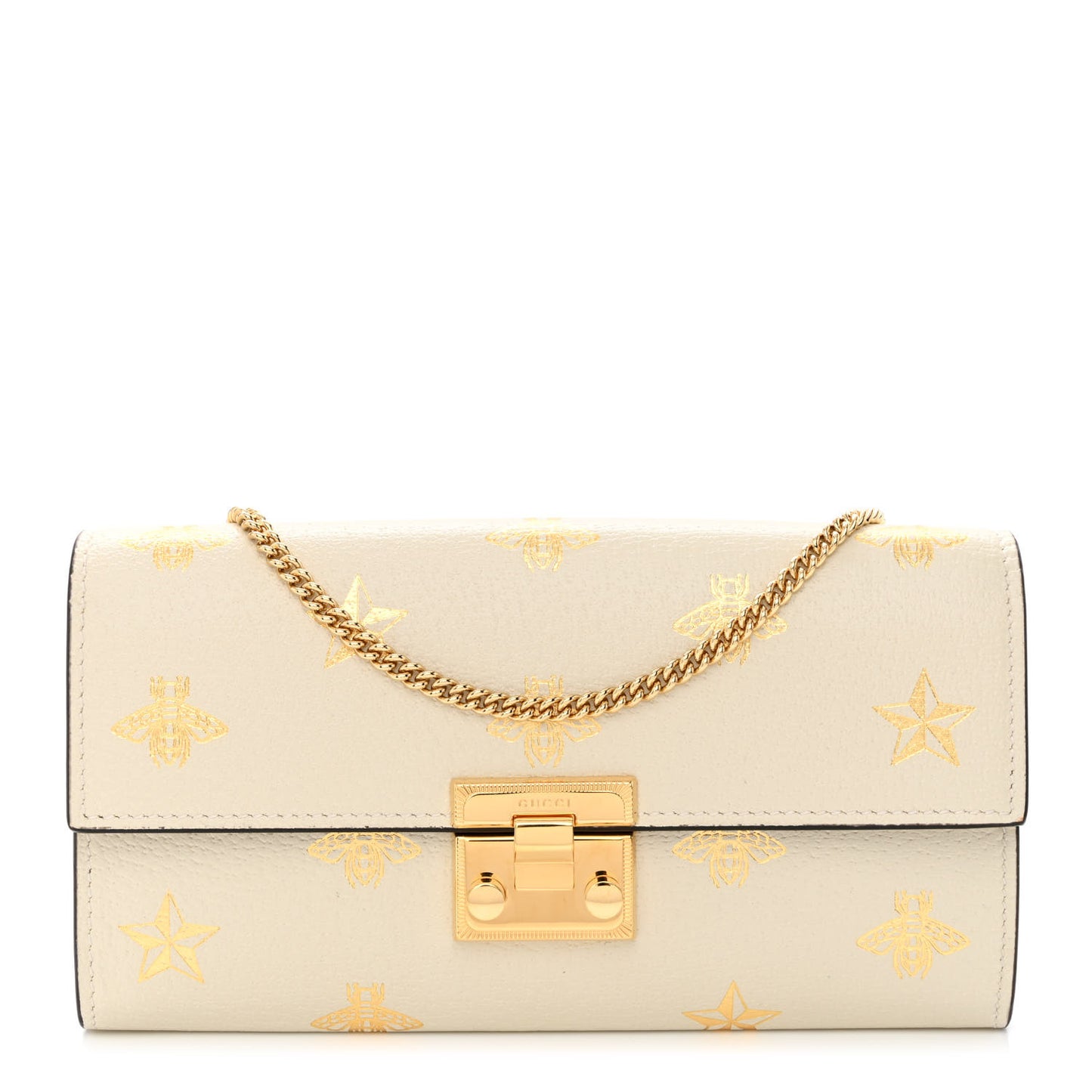 Grained Calfskin Bee Star Continental Chain Wallet White