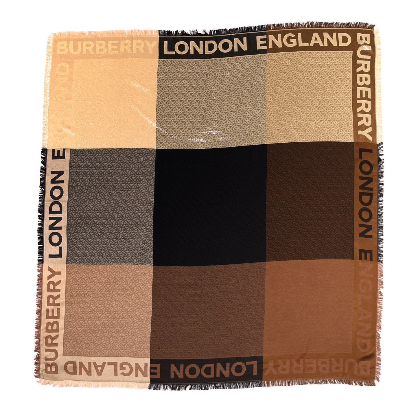 Metallic Silk Wool TB Monogram Colorblock Square Scarf Chestnut
