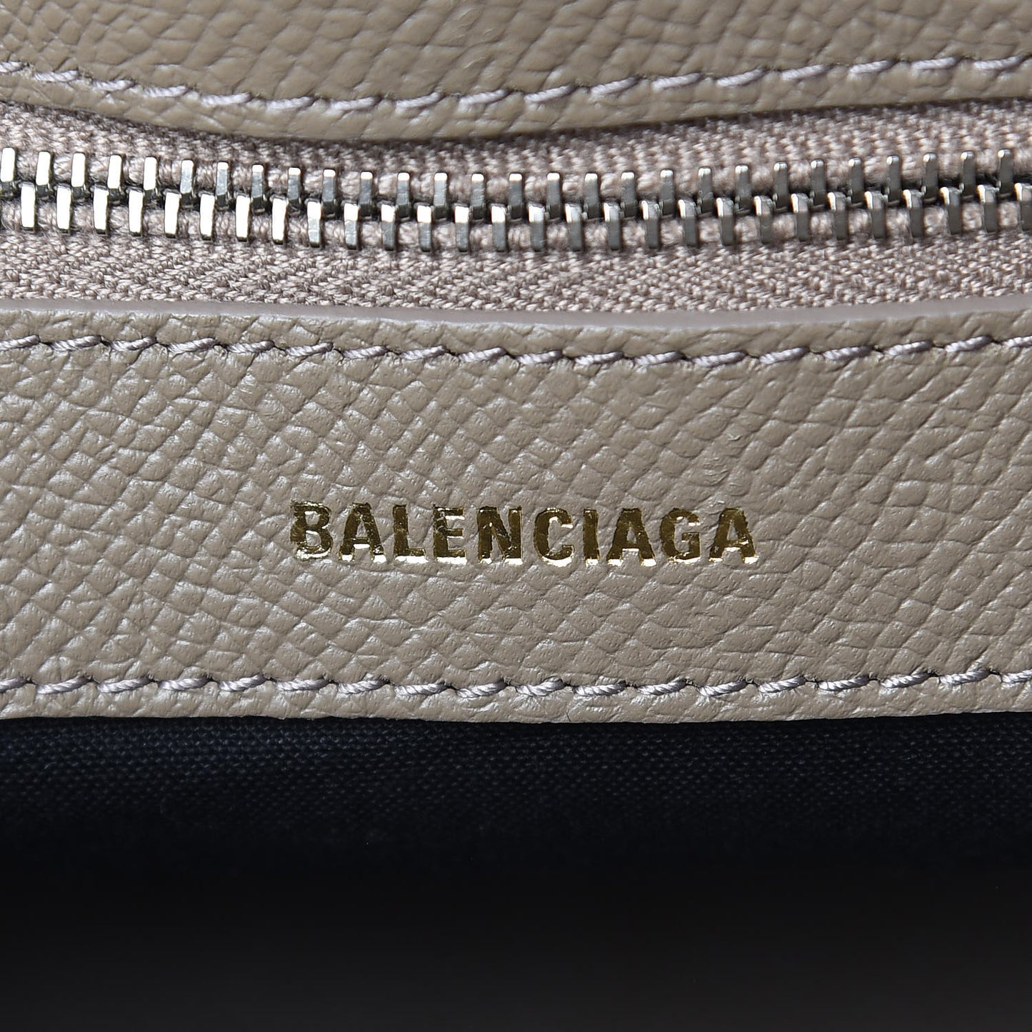 Signature Grained Calfskin Logo S Ville Top Handle Bag Mink Grey White