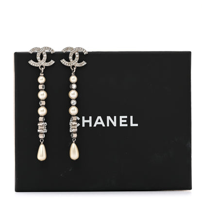Chanel Pearl Crystal CC Chain Drop Earrings Silver 5 of 6