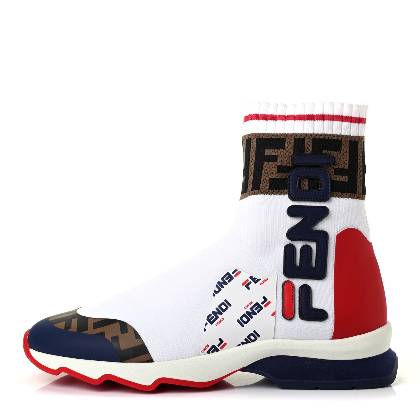 X FILA Stretch Knit Calfskin Mania Sock Sneakers 37 White Indaco Fiamma Tobacco Black