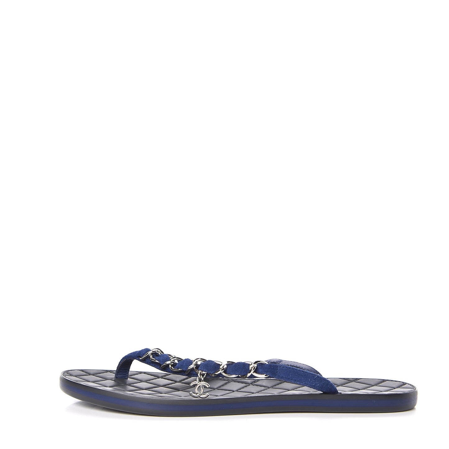 Suede Calfskin Quilted Chain Thong Sandals 36 Navy Blue
