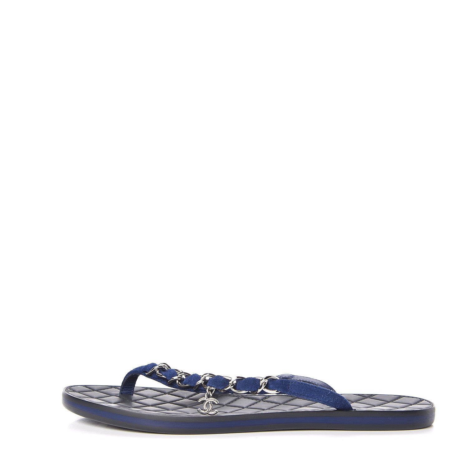 Chanel Suede Calfskin Quilted Chain Thong Sandals 36 Navy Blue 1 of 7