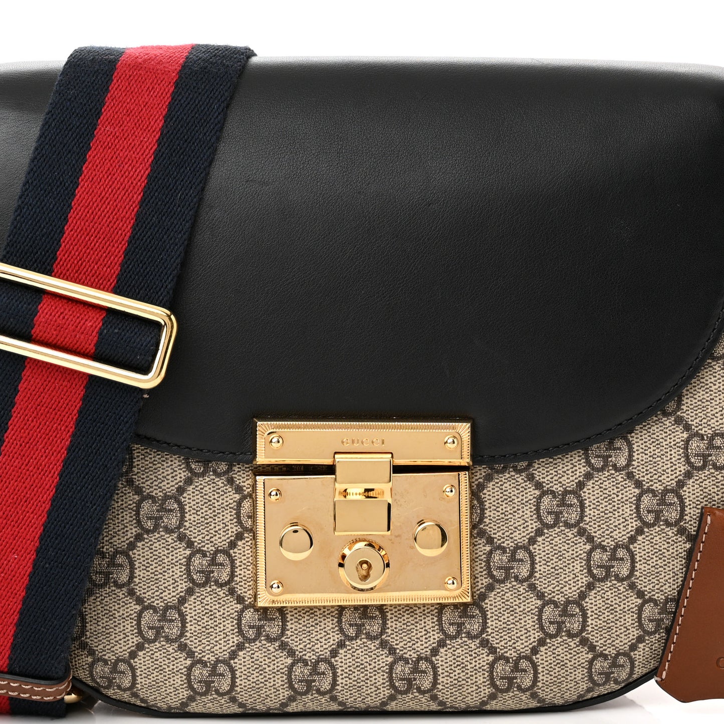 GG Supreme Monogram Web Medium Padlock Messenger Shoulder Bag Black