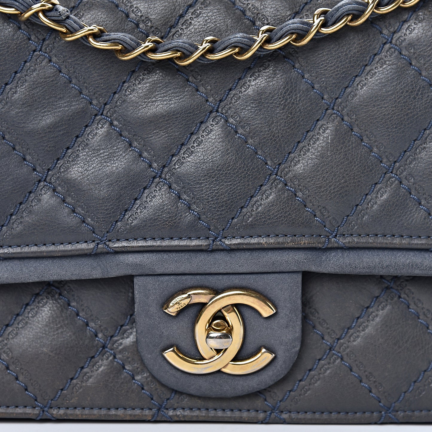 Calfskin Stitched Two Tone Flap Blue