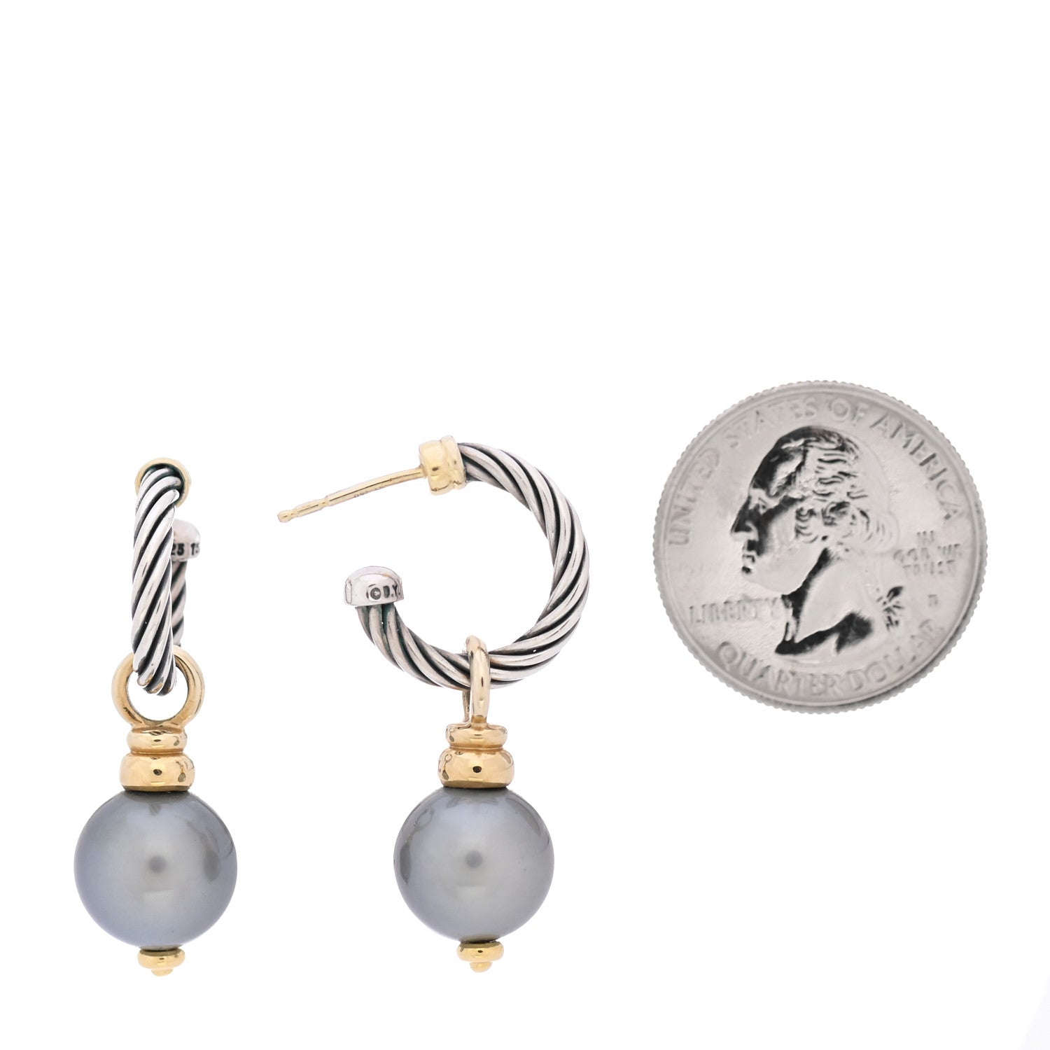 David Yurman Sterling Silver 18K Yellow Gold Gray Pearl 11mm Cable Drop Earrings 2 of 7