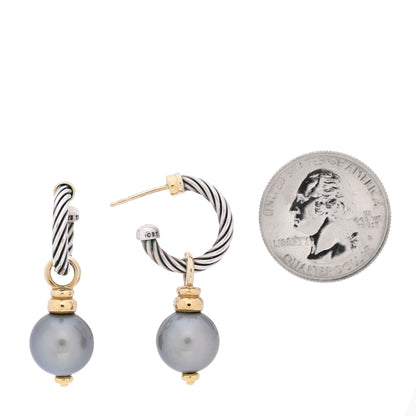 David Yurman Sterling Silver 18K Yellow Gold Gray Pearl 11mm Cable Drop Earrings 2 of 7