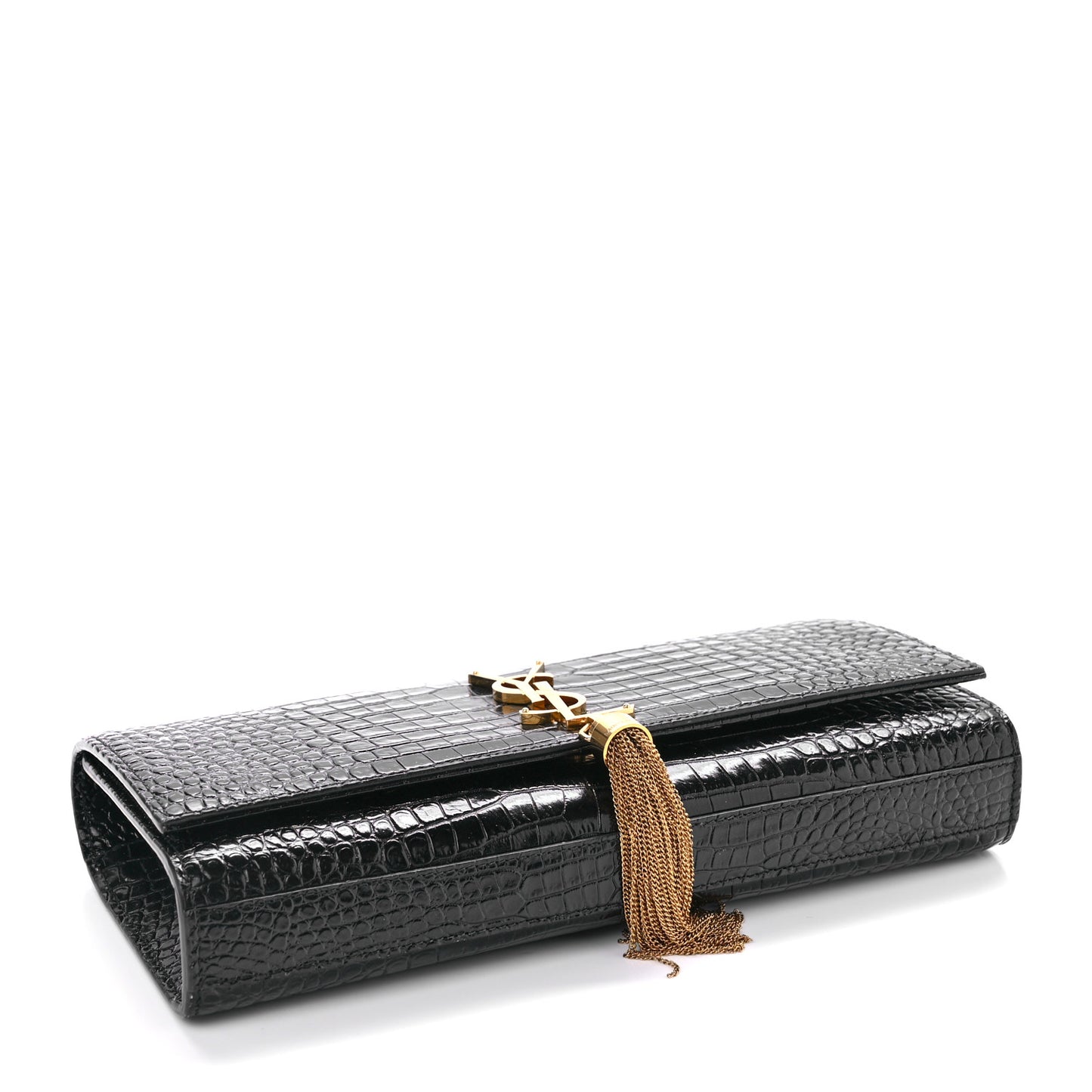 Calfskin Crocodile Embossed Classic Monogram Tassel Clutch Black