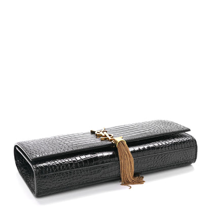 Saint Laurent Calfskin Crocodile Embossed Classic Monogram Tassel Clutch Black 4 of 8