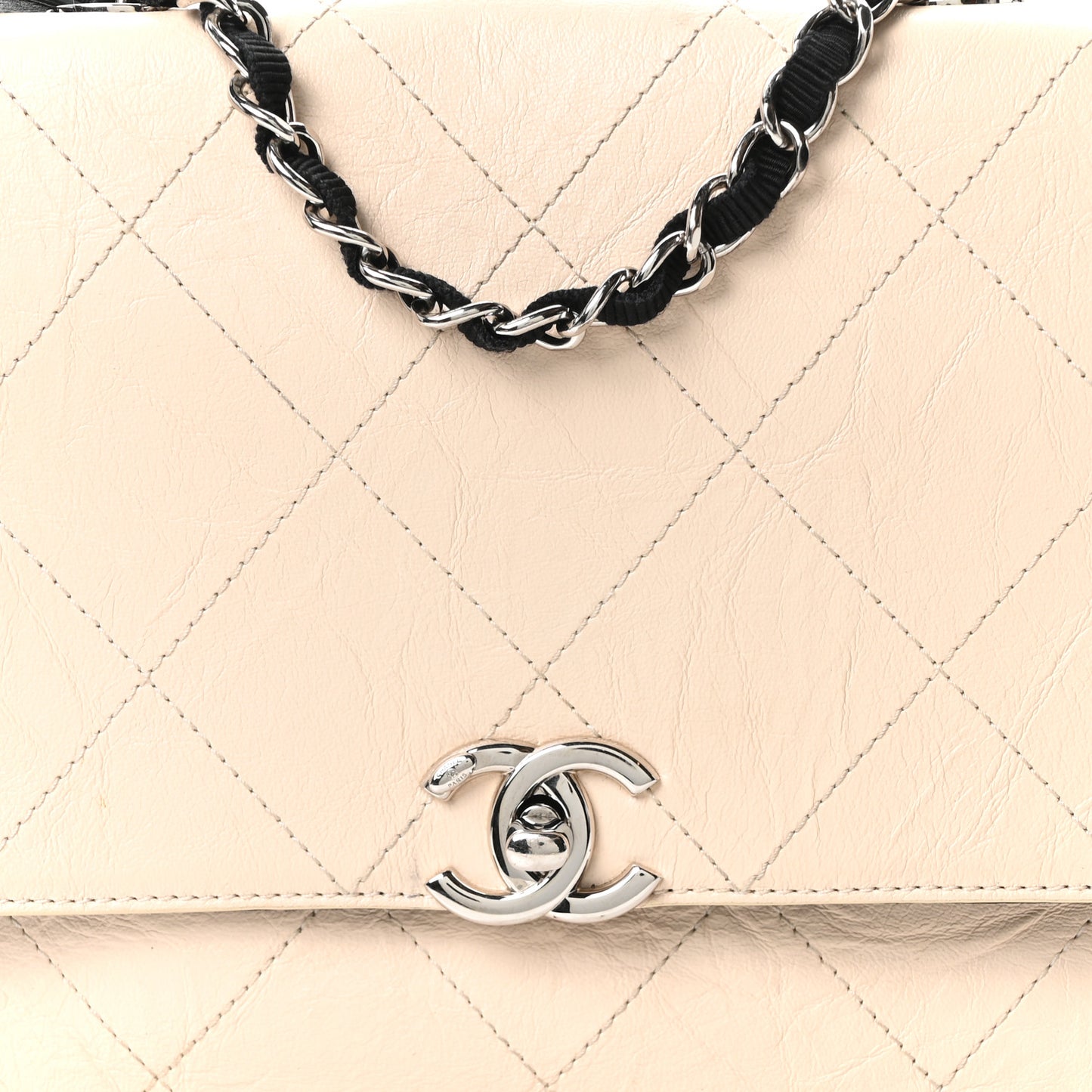 Aged Calfskin Grosgrain Quilted Chain CC Flap Ivory Black