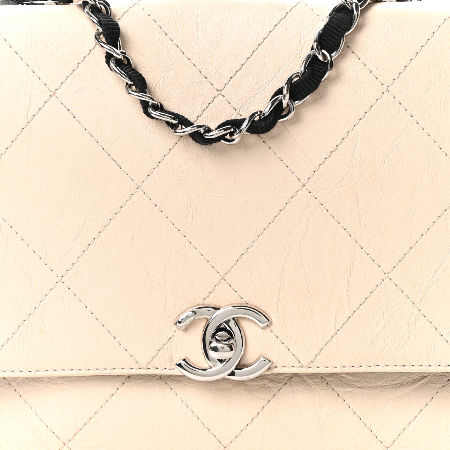 Chanel Aged Calfskin Grosgrain Quilted Chain CC Flap Ivory Black 8 of 10