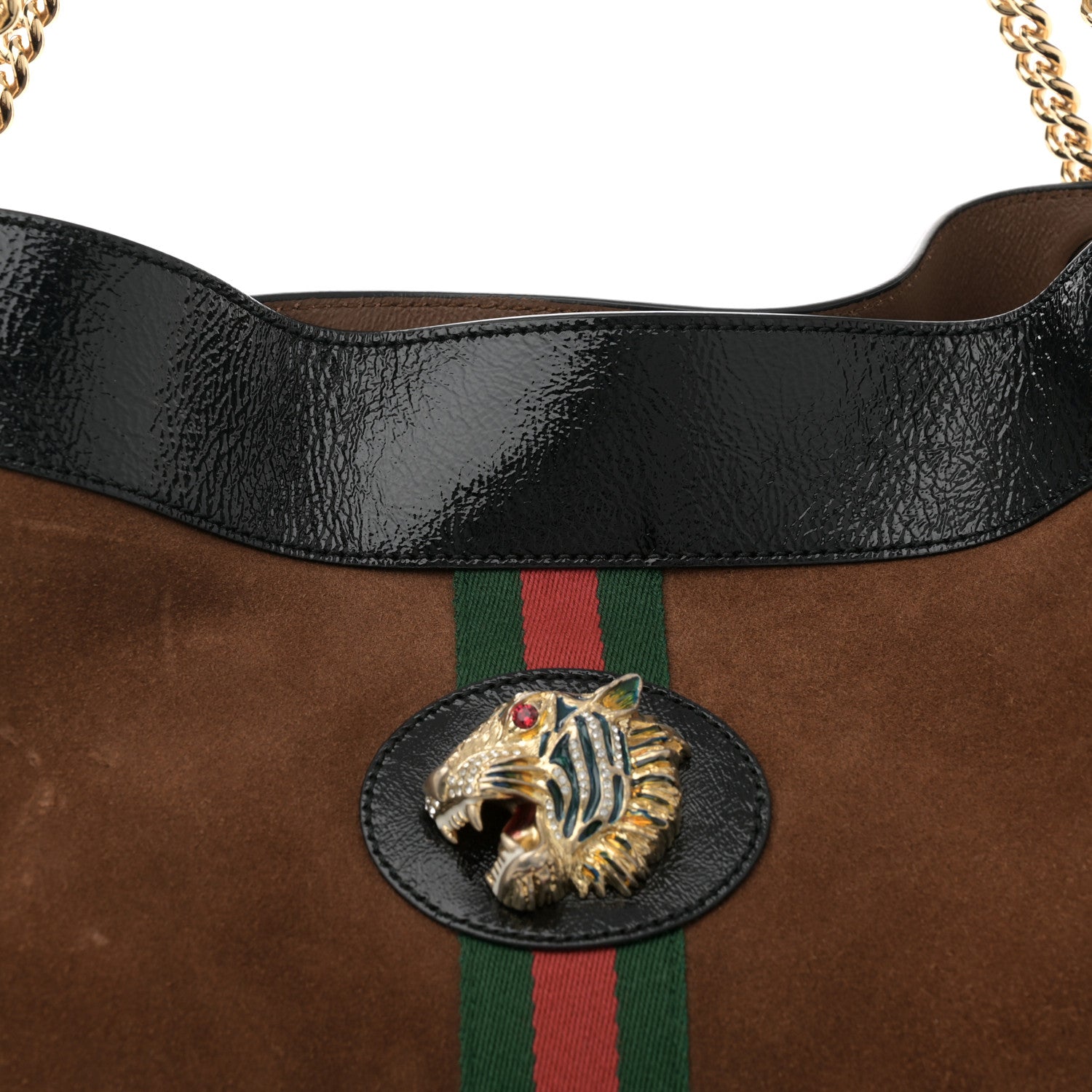 Gucci Suede Patent Large Rajah Chain Tote Nocciola Black 9 of 13