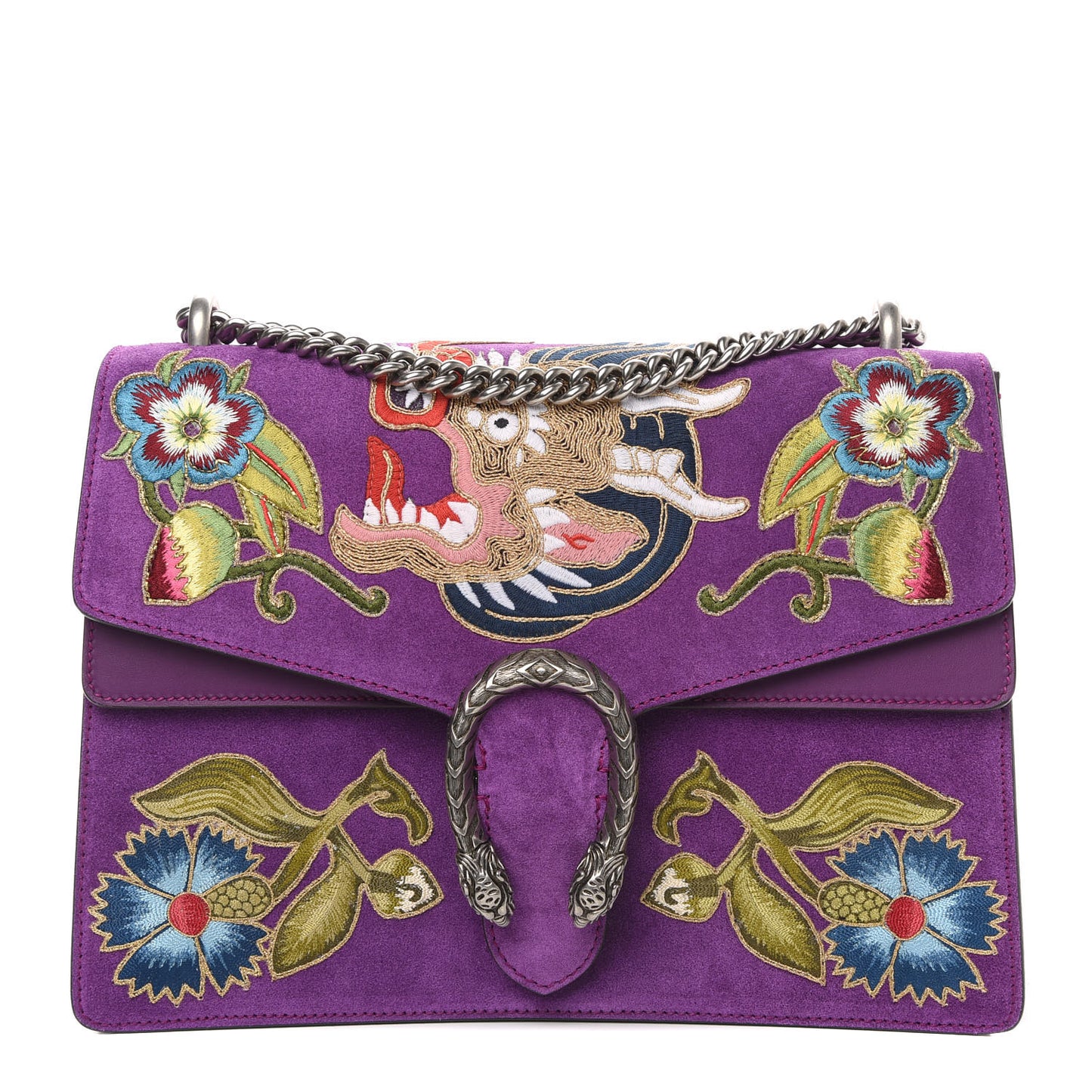 Suede Dragon Embroidered Medium Dionysus Shoulder Bag Bright Purple Multicolor