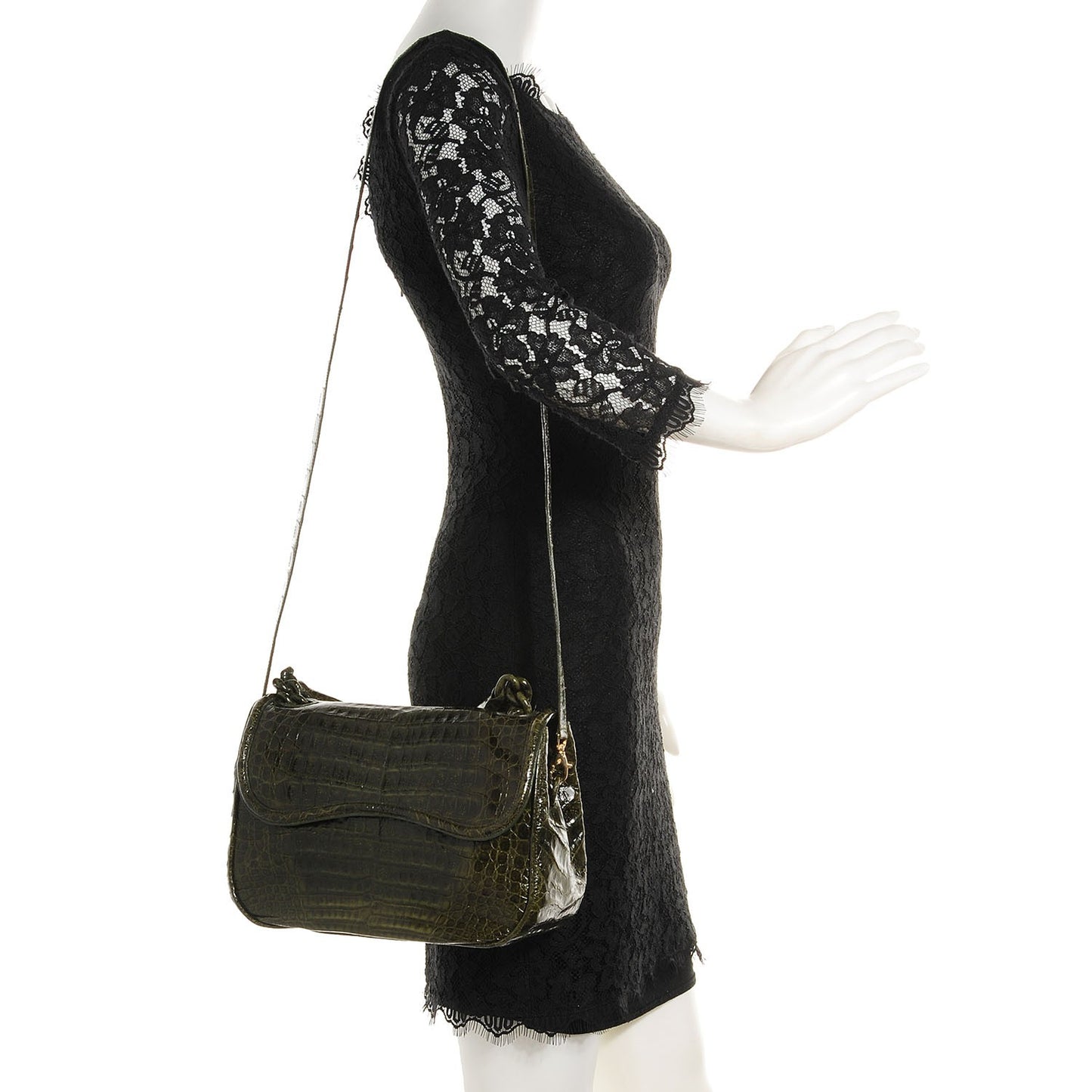 Crocodile Flap Shoulder Bag Olive
