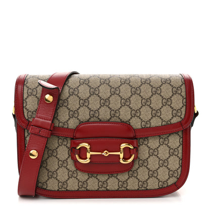 Gucci GG Supreme Monogram Azalea Calfskin Horsebit 1955 Shoulder Bag Beige Ebony New Cherry Red 1 of 12