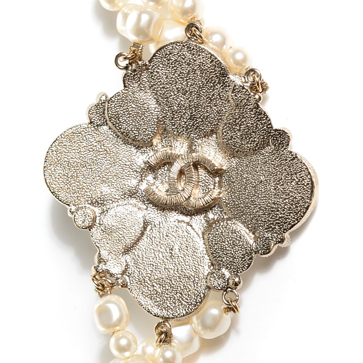 Pearl Crystal Triple Strand CC Necklace Gold