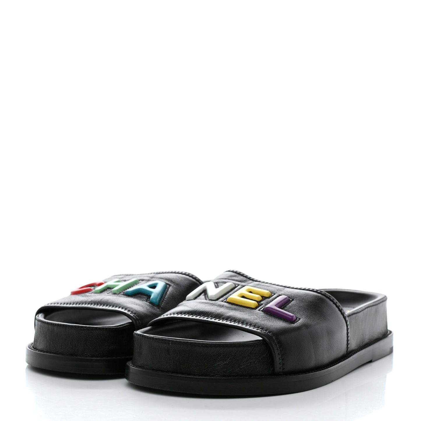 Lambskin Cha-Nel Mule Sandals 39 Black Multicolor