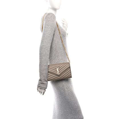 Saint Laurent Lambskin Matelasse Chevron Monogram Chain Wallet Dusty Grey 2 of 9