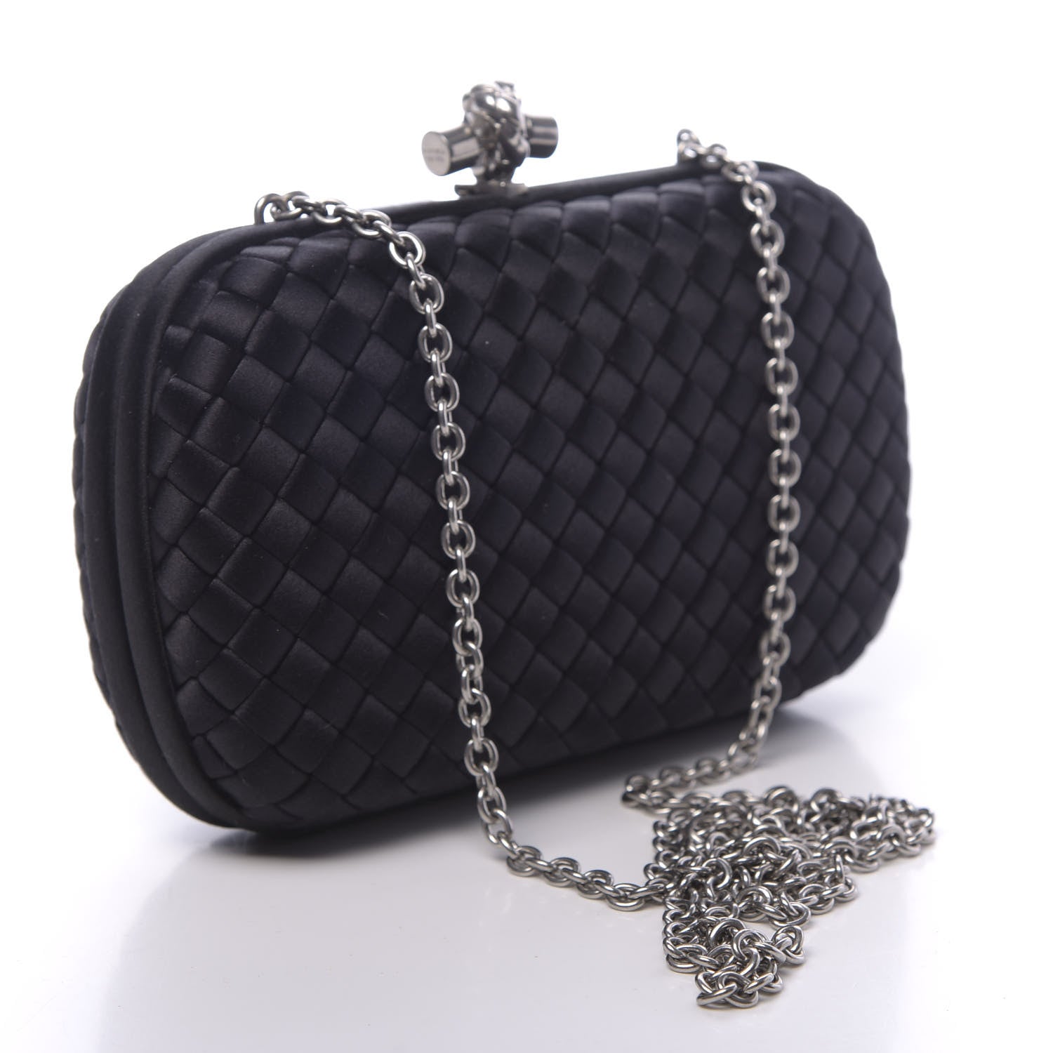 Bottega Veneta Satin Intrecciato Chain Knot Clutch Black 2 of 8
