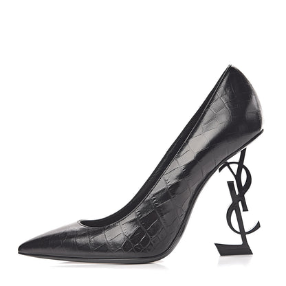 Saint Laurent Calfskin Crocodile Embossed Opyum 110 Pumps 38 Black 1 of 8