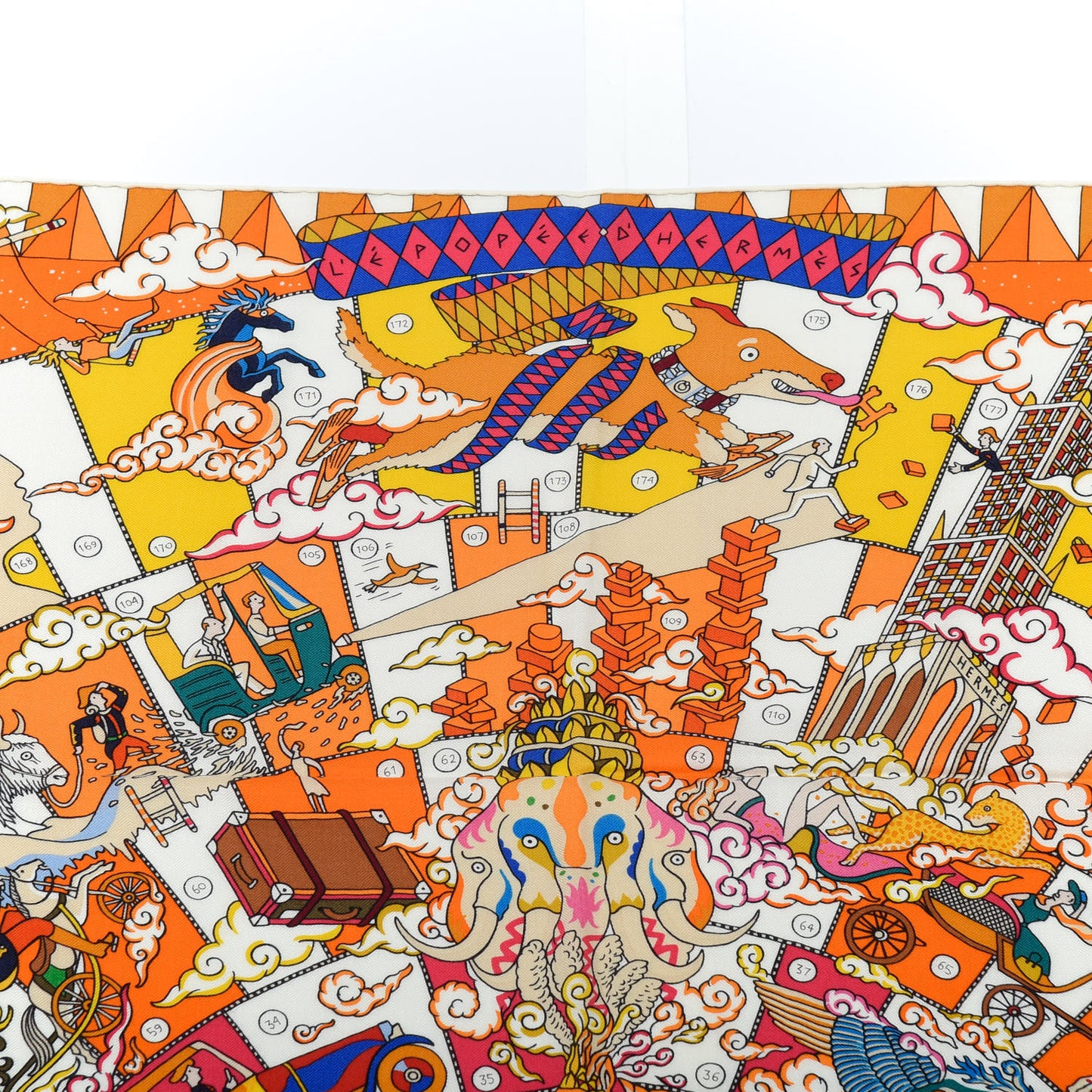 Cashmere Silk L'Epopee D' Hermes Shawl 140 Orange Jaune Multicolor