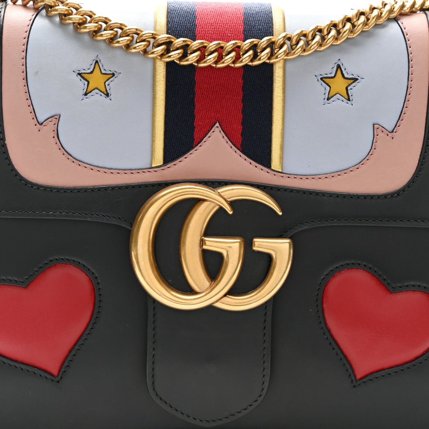 Calfskin Web Heart Medium GG Marmont Chain Handle Bag Black