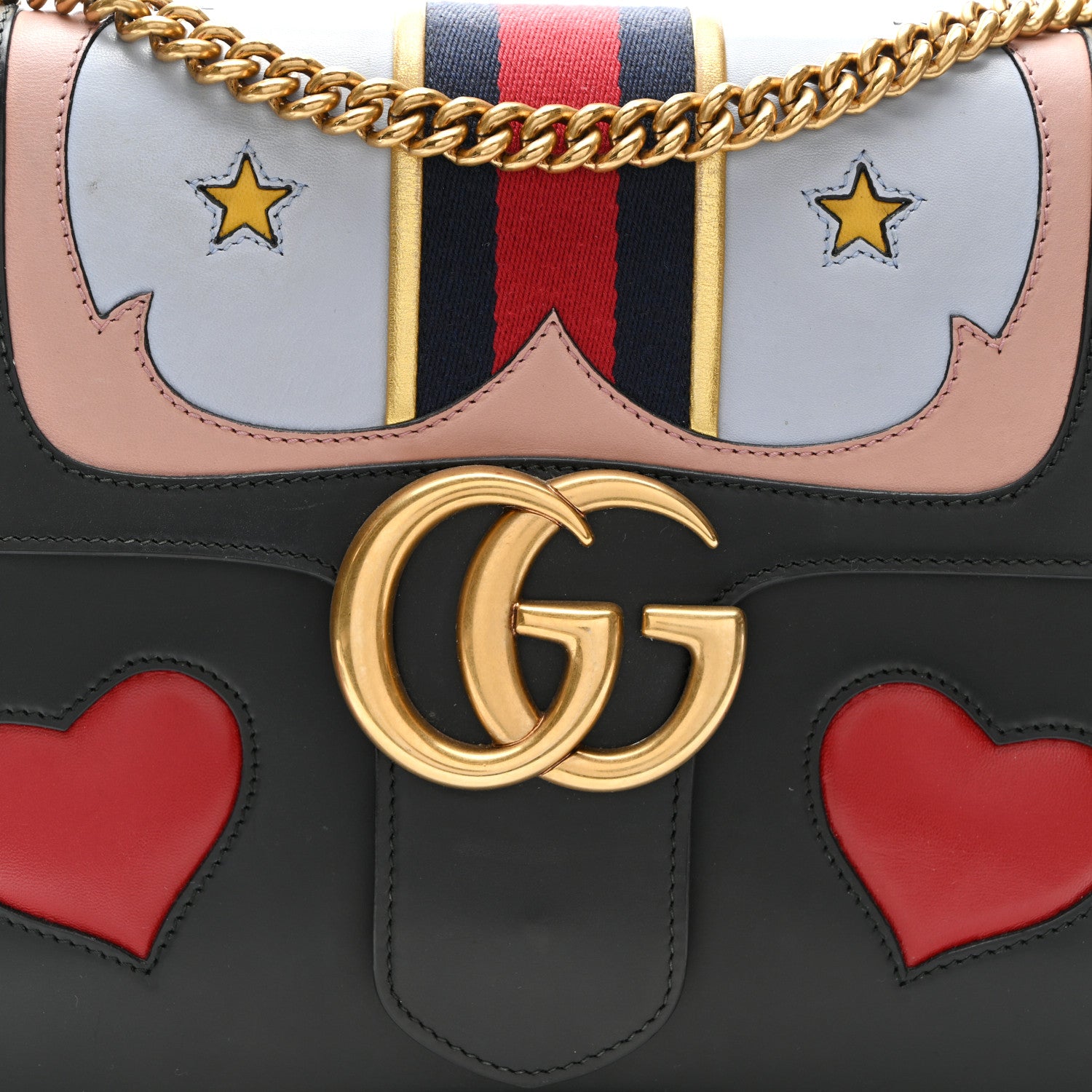 Gucci Calfskin Web Heart Medium GG Marmont Chain Handle Bag Black 7 of 14