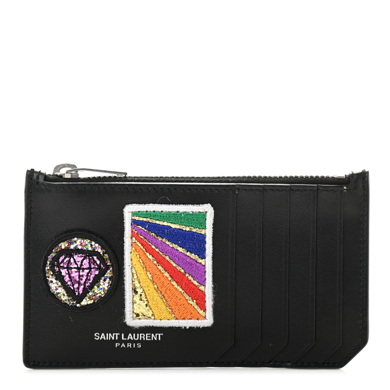 Saint Laurent Calfskin Paris Rainbow Patch Fragments Zip Pouch Card Holder Black 1 of 8