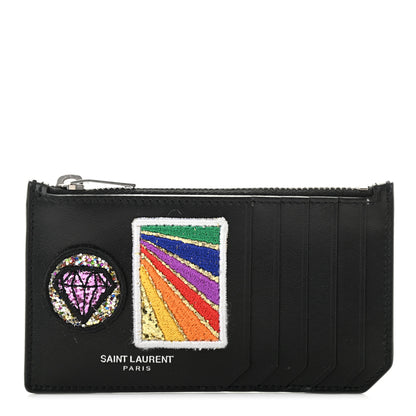 Saint Laurent Calfskin Paris Rainbow Patch Fragments Zip Pouch Card Holder Black 1 of 8
