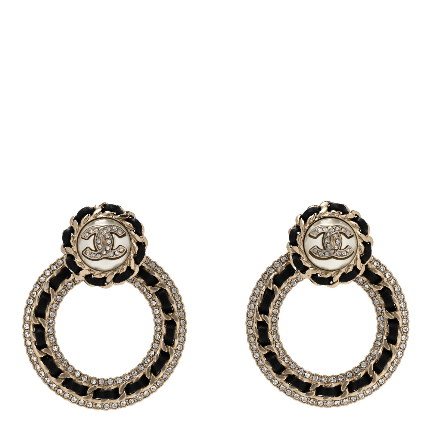 Lambskin Crystal Pearl CC Chain Hoop Drop Earrings Gold Black