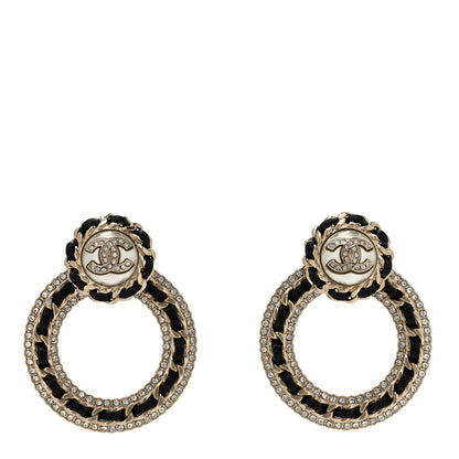 Chanel Lambskin Crystal Pearl CC Chain Hoop Drop Earrings Gold Black 1 of 4
