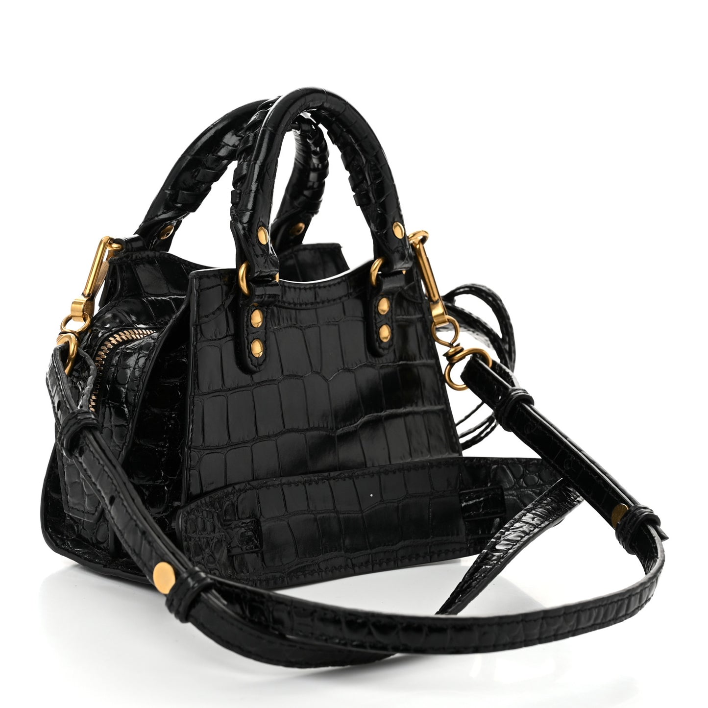Shiny Supple Calfskin Crocodile Embossed Neo Classic Gold Hardware Nano City Crossbody Black