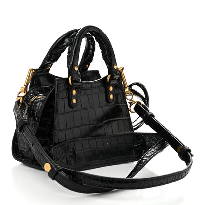 Balenciaga Shiny Supple Calfskin Crocodile Embossed Neo Classic Gold Hardware Nano City Crossbody Black 3 of 10