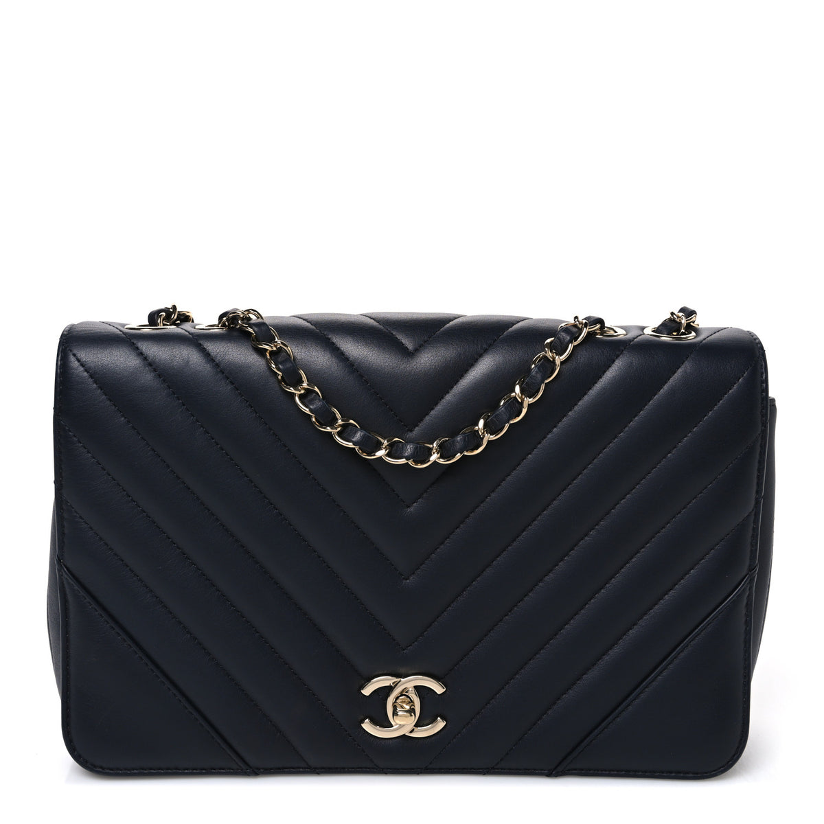 Calfskin Chevron Quilted Medium Statement Flap Navy