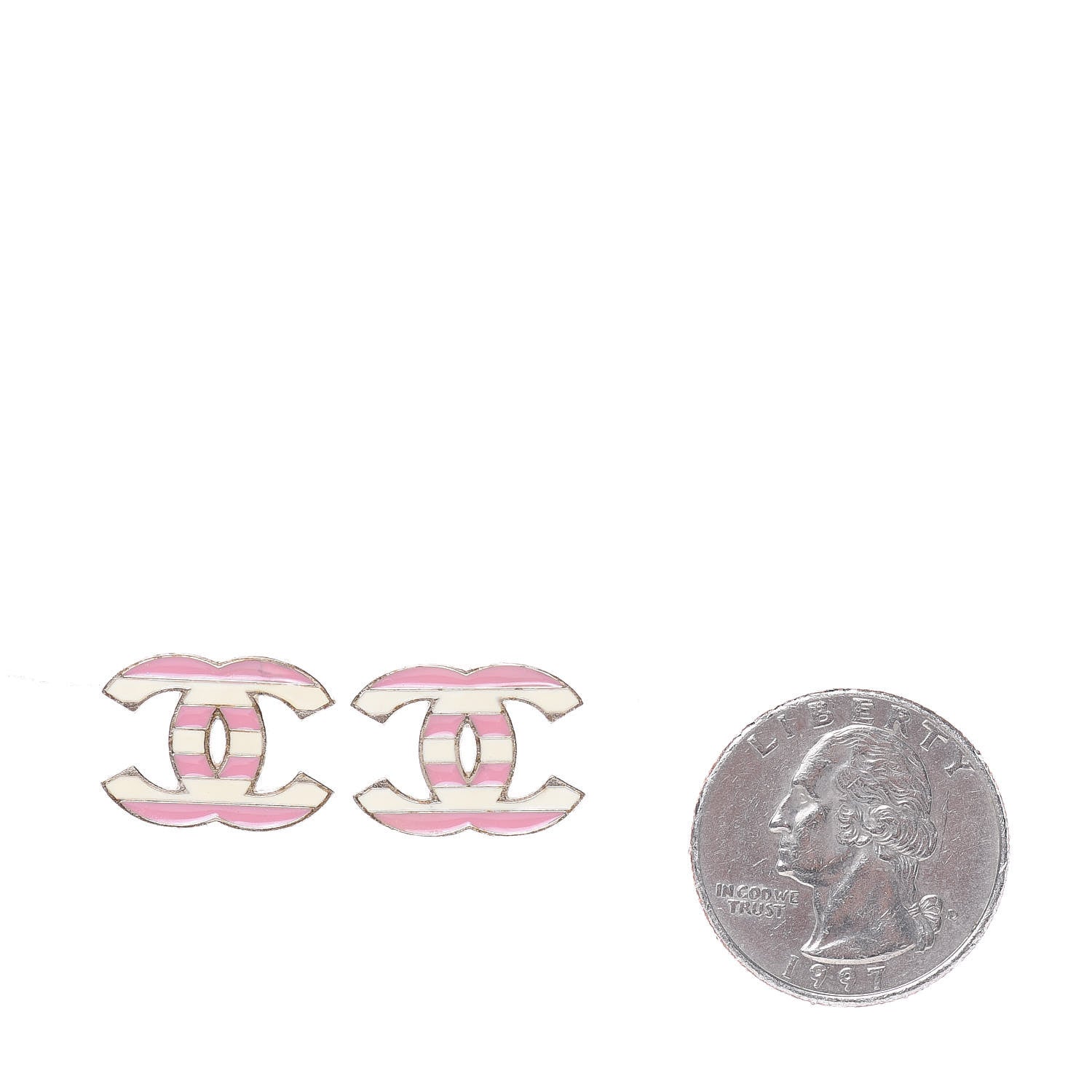 Chanel Enamel Striped CC Earrings Pink White Gold 2 of 5