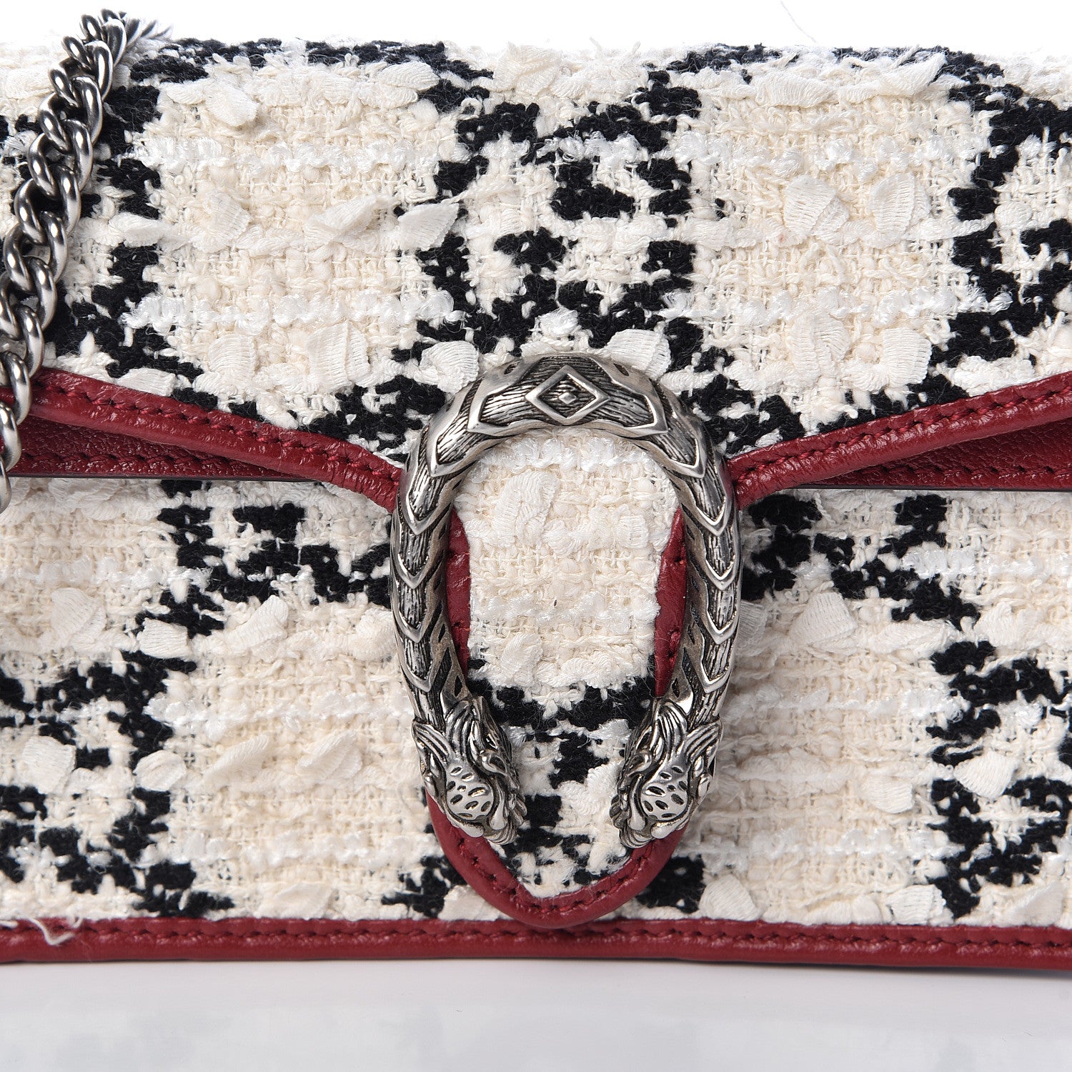 Gucci Tweed GG Monogram Super Mini Dionysus Shoulder Bag White Black Romantic Cherry 7 of 10
