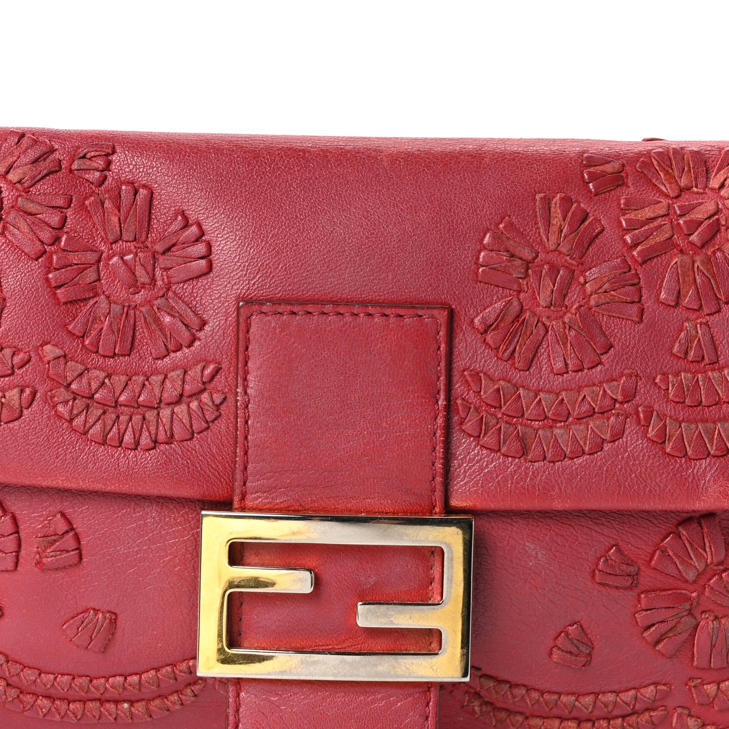 Calfskin Floral Stitched Baguette Red