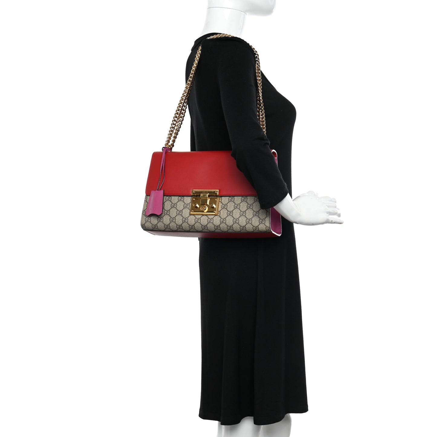 GG Supreme Monogram Calfskin Medium Padlock Shoulder Bag Beige Hibiscus Red New Rosette