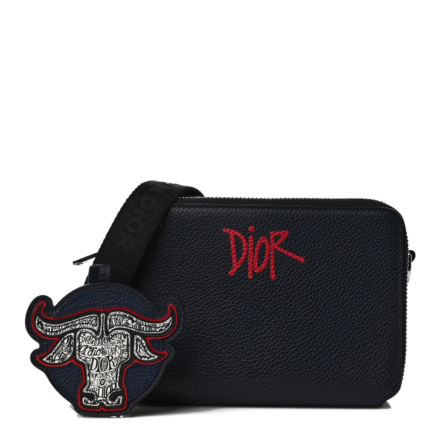 X SHAWN STUSSY Grained Calfskin Ox Head Crossbody Double Zip Crossbody Pouch Navy Blue