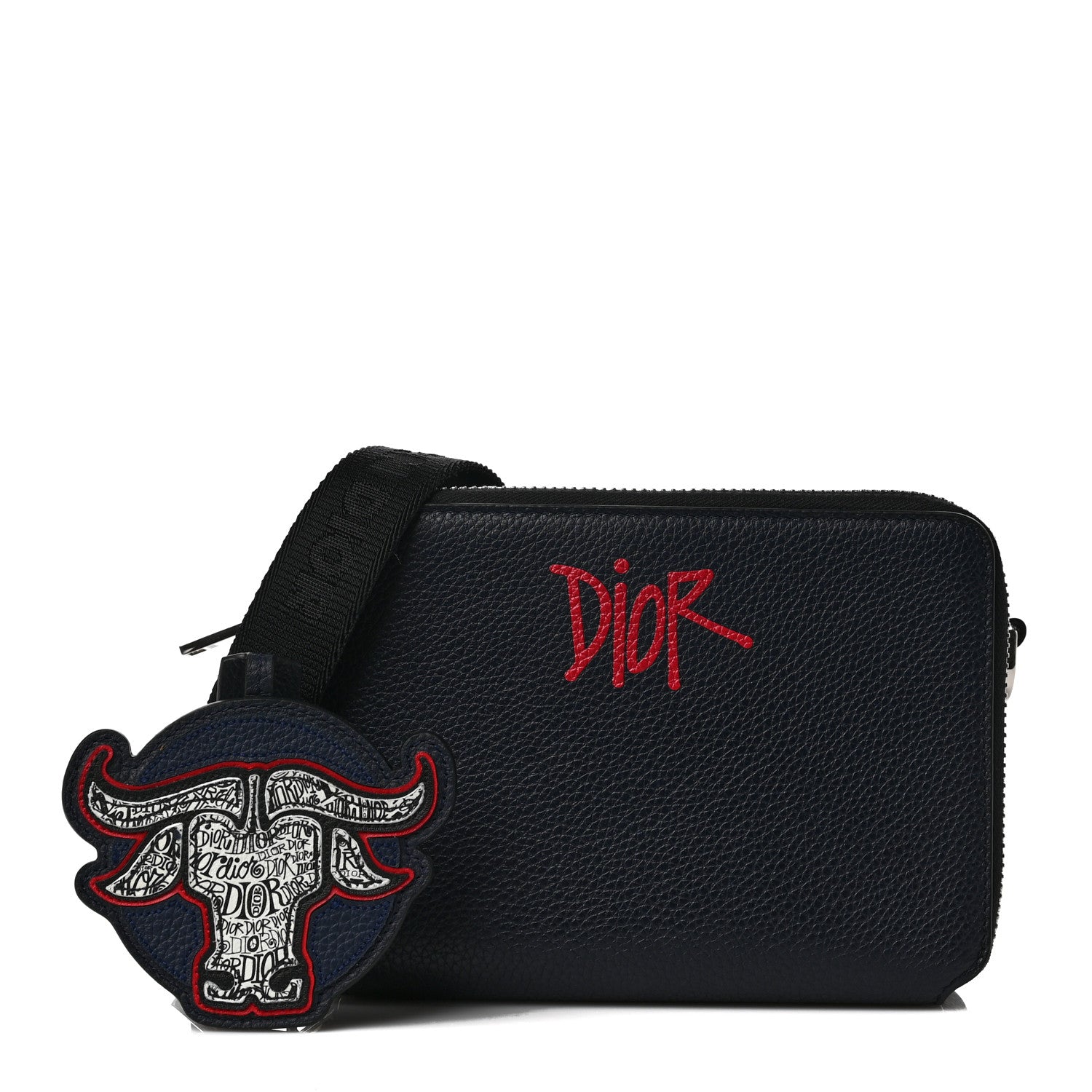 Christian Dior X SHAWN STUSSY Grained Calfskin Ox Head Crossbody Double Zip Crossbody Pouch Navy Blue 1 of 9
