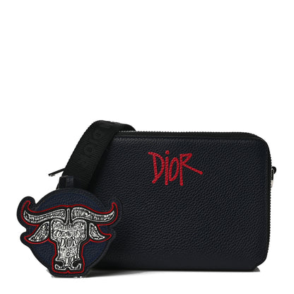 Christian Dior X SHAWN STUSSY Grained Calfskin Ox Head Crossbody Double Zip Crossbody Pouch Navy Blue 1 of 9