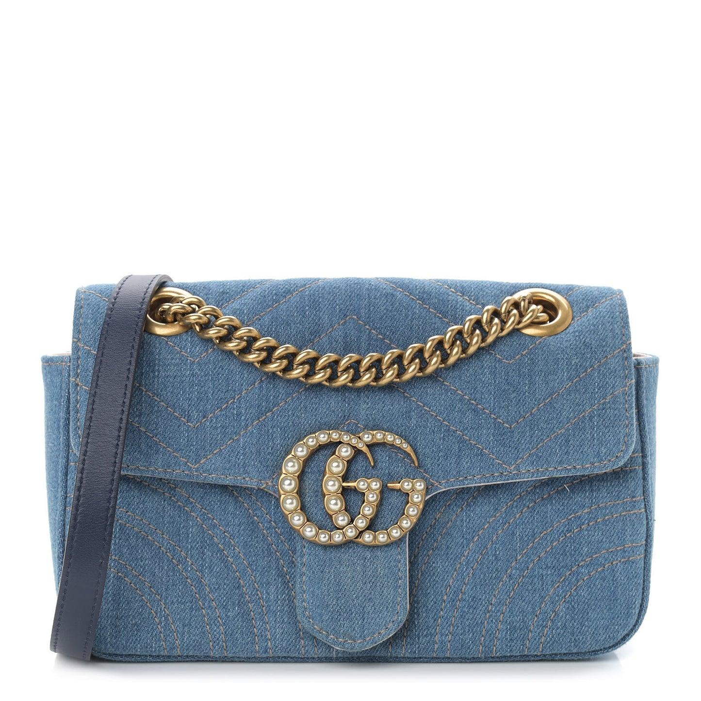 Denim Matelasse Mini Pearly GG Marmont Shoulder Bag Blue