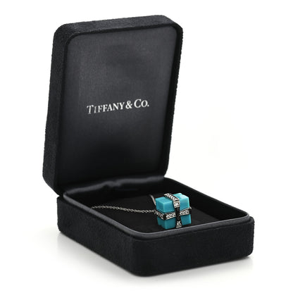Tiffany Platinum Diamond Turquoise Box Charm Pendant Necklace 5 of 5